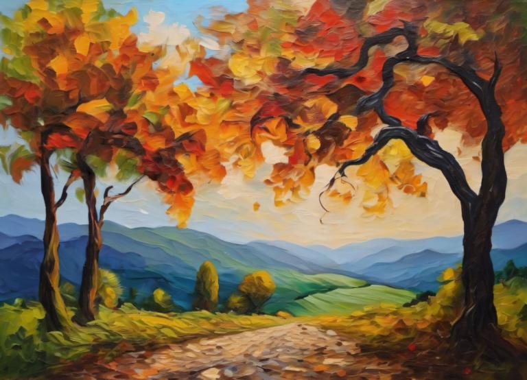 Oil Painting,Oil Painting, Nature, landscape, no humans, scenery, outdoors, tree, sky, day, autumn leaves