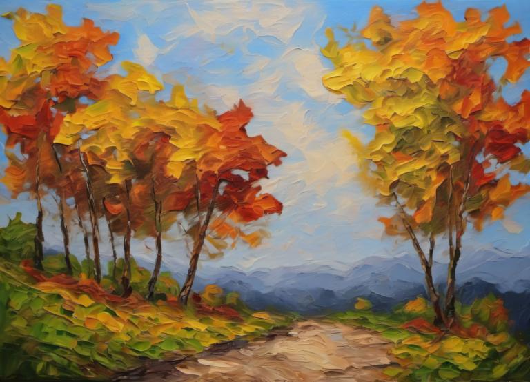 Oil Painting,Oil Painting, Nature, landscape, no humans, outdoors, scenery, sky, tree, day, blue sky, cloud