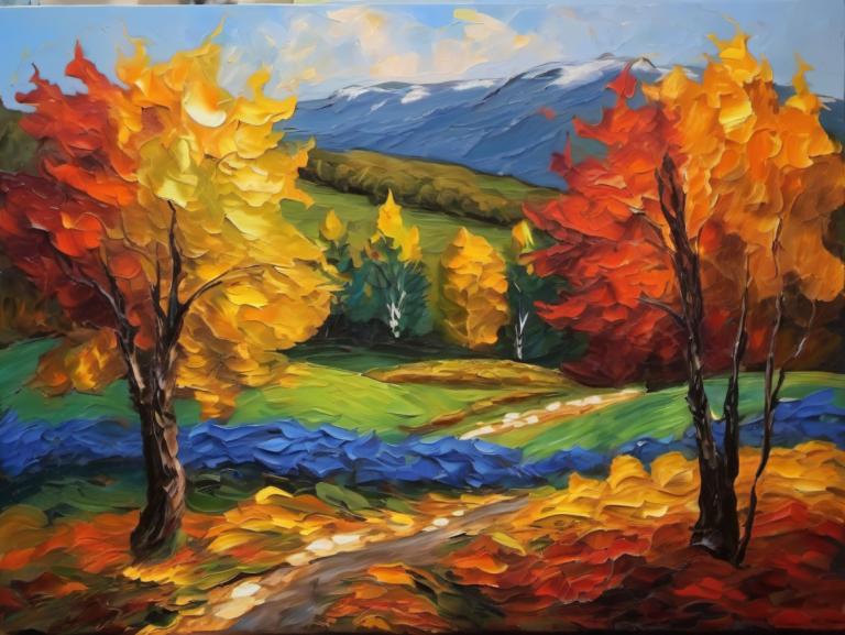 Oil Painting,Oil Painting, Nature, landscape, no humans, scenery, tree, outdoors, autumn, autumn leaves