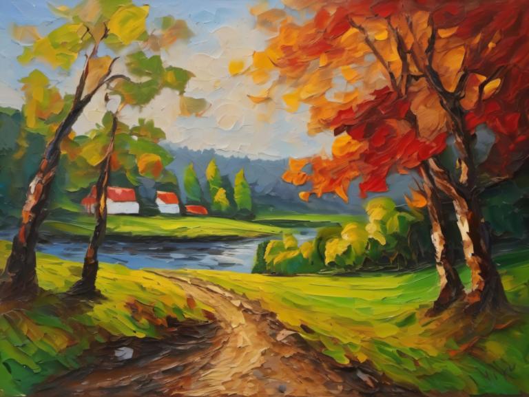 Oil Painting,Oil Painting, Nature, landscape, no humans, outdoors, scenery, tree, traditional media, sky, day