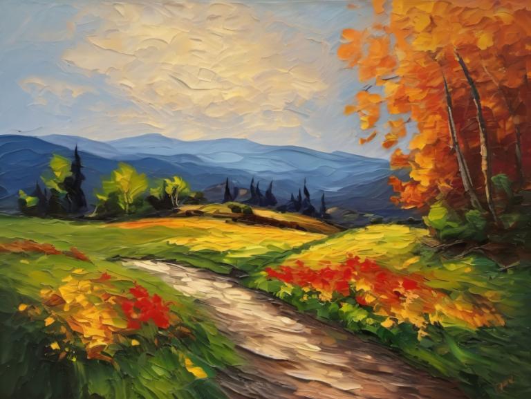 Oil Painting,Oil Painting, Nature, landscape, no humans, scenery, outdoors, sky, cloud, tree, day, mountain