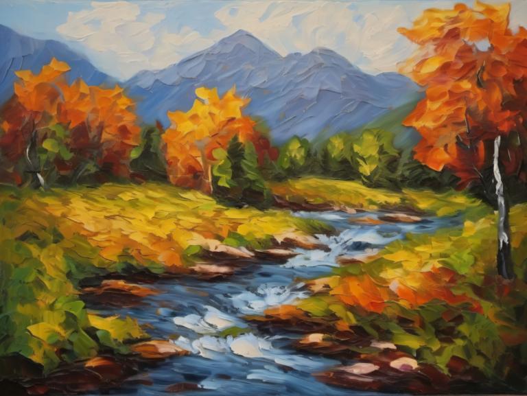 Oil Painting,Oil Painting, Nature, landscape, no humans, scenery, outdoors, tree, day, mountain, nature, sky