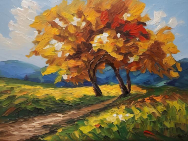 Oil Painting,Oil Painting, Nature, landscape, no humans, outdoors, sky, scenery, day, tree, cloud, blue sky