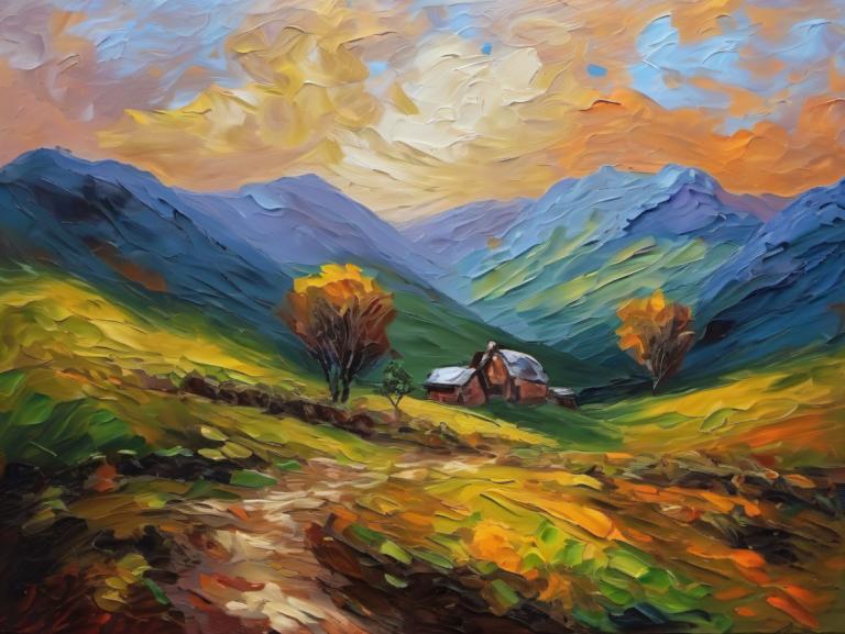 Oil Painting,Oil Painting, Nature, landscape, scenery, tree, outdoors, no humans, mountain, cloud, sky