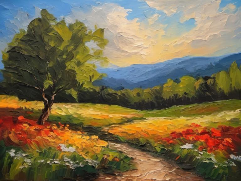 Oil Painting,Oil Painting, Nature, landscape, no humans, scenery, outdoors, tree, sky, cloud, flower, day