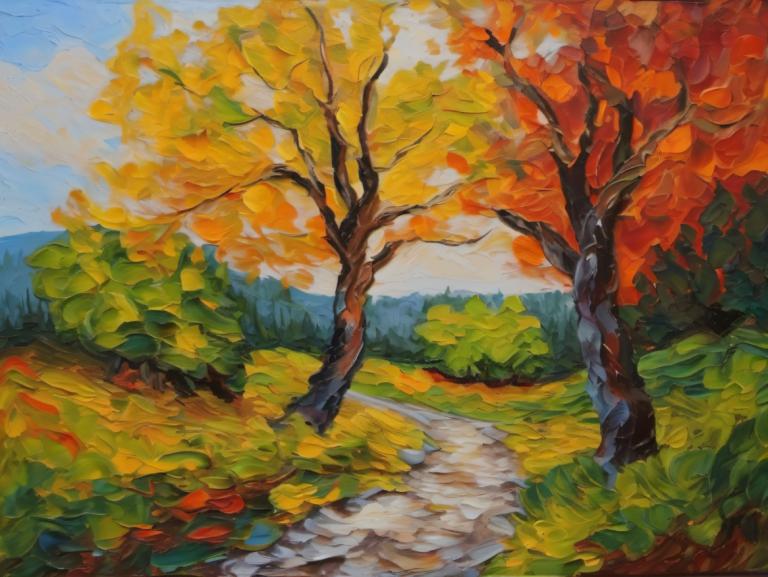 Oil Painting,Oil Painting, Nature, landscape, no humans, tree, outdoors, scenery, traditional media, sky, day