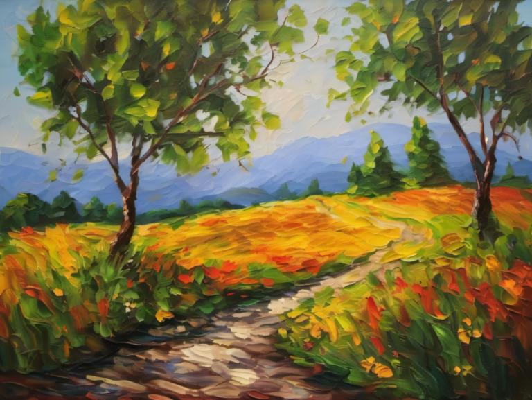 Oil Painting,Oil Painting, Nature, landscape, no humans, outdoors, scenery, tree, day, sky, nature