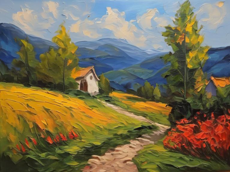 Oil Painting,Oil Painting, Nature, landscape, scenery, outdoors, sky, no humans, house, cloud, day, tree