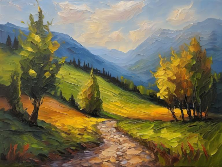 Oil Painting,Oil Painting, Nature, landscape, scenery, outdoors, no humans, sky, tree, cloud, landscape