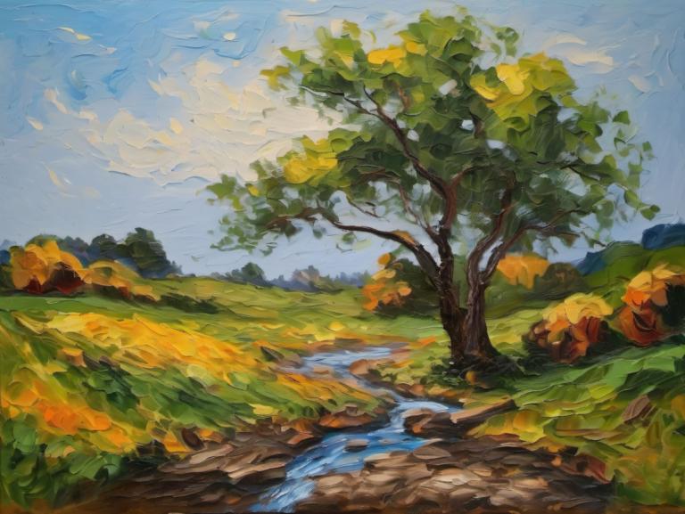 Oil Painting,Oil Painting, Nature, landscape, no humans, tree, outdoors, scenery, sky, cloud