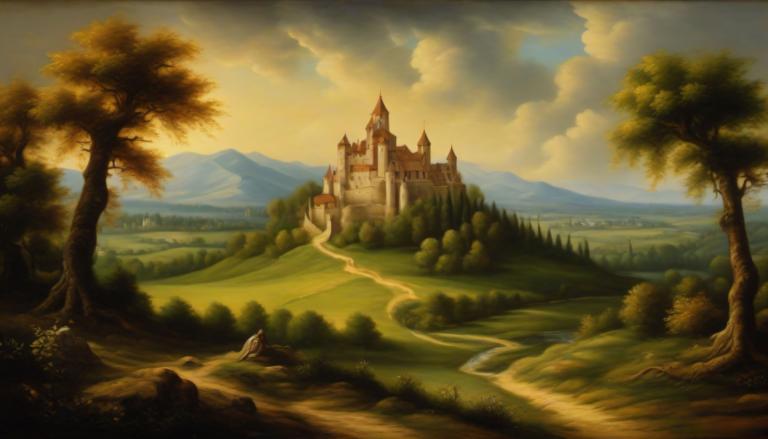 Oil Painting,Oil Painting, Nature, medieval european landscape, scenery, tree, no humans, cloud, outdoors