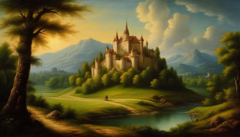 Oil Painting,Oil Painting, Nature, medieval european landscape, tree, scenery, cloud, outdoors, sky, castle