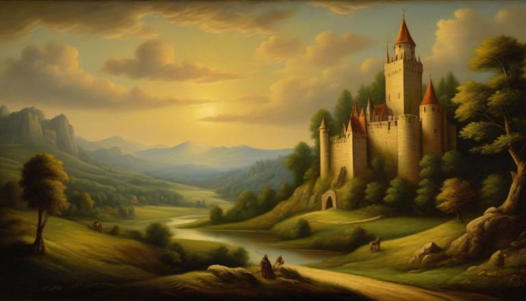 Oil Painting,Oil Painting, Nature, medieval european landscape, scenery, tree, cloud, outdoors, sky, castle