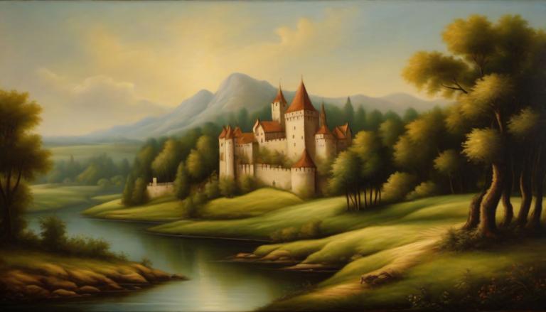 Oil Painting,Oil Painting, Nature, medieval european landscape, no humans, scenery, tree, outdoors, sky