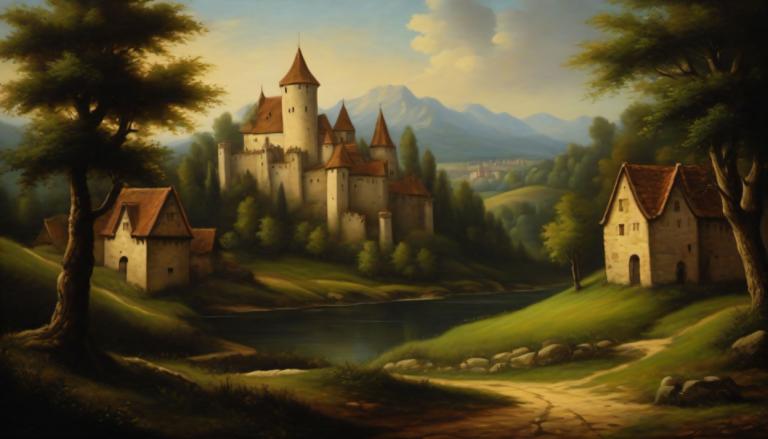 Oil Painting,Oil Painting, Nature, medieval european landscape, no humans, scenery, tree, outdoors, cloud