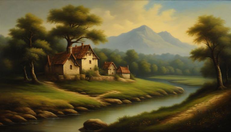 Oil Painting,Oil Painting, Nature, medieval european landscape, no humans, scenery, tree, outdoors, sky