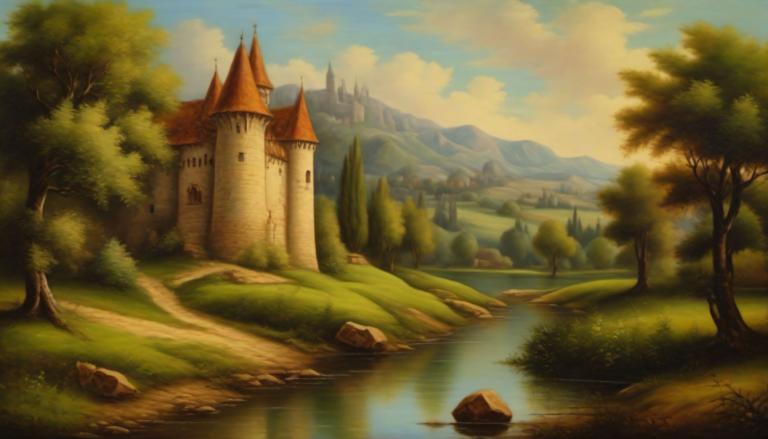 Oil Painting,Oil Painting, Nature, medieval european landscape, no humans, scenery, tree, outdoors, cloud