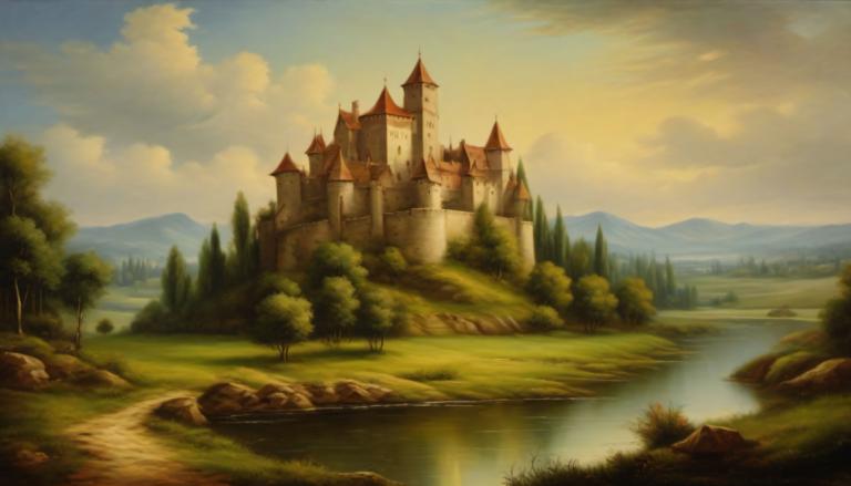 Oil Painting,Oil Painting, Nature, medieval european landscape, no humans, scenery, cloud, outdoors, tree