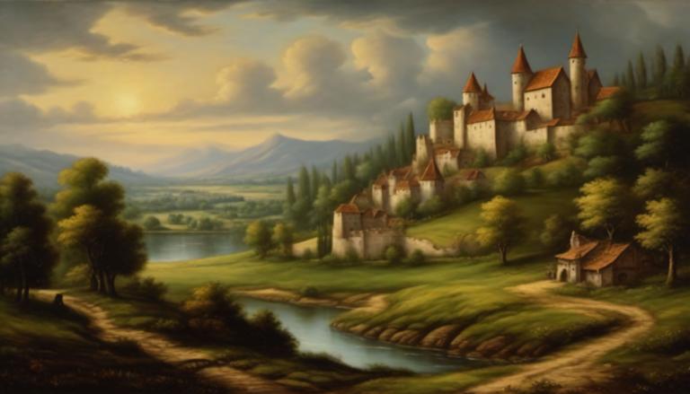 Oil Painting,Oil Painting, Nature, medieval european landscape, no humans, scenery, cloud, outdoors, tree