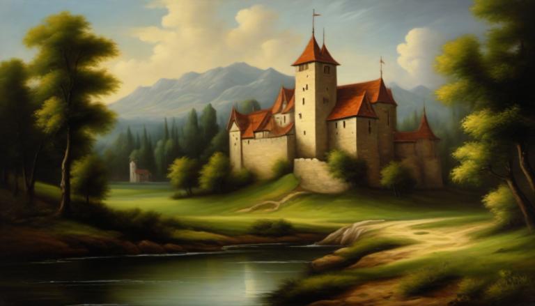 Pintura al óleo,Pintura al óleo, Naturaleza, paisaje medieval europeo, no humanos, escenario, árbol