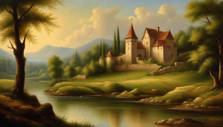 Oil Painting,Oil Painting, Nature, medieval european landscape, no humans, scenery, tree, cloud, outdoors