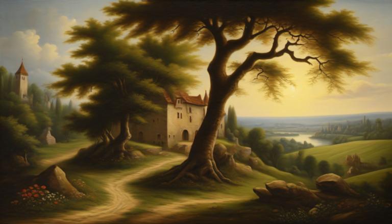 Oil Painting,Oil Painting, Nature, medieval european landscape, no humans, tree, scenery, outdoors, cloud