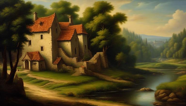 Oil Painting,Oil Painting, Nature, medieval european landscape, no humans, scenery, tree, outdoors, cloud