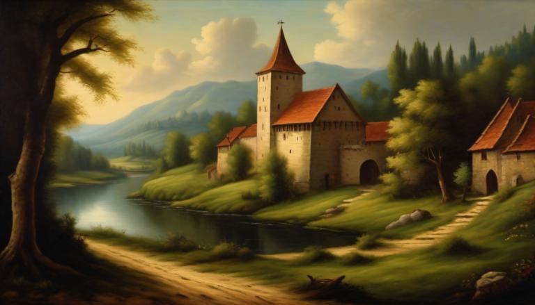 Oil Painting,Oil Painting, Nature, medieval european landscape, no humans, tree, scenery, cloud, outdoors