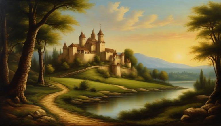 Oil Painting,Oil Painting, Nature, medieval european landscape, no humans, tree, scenery, outdoors, sky