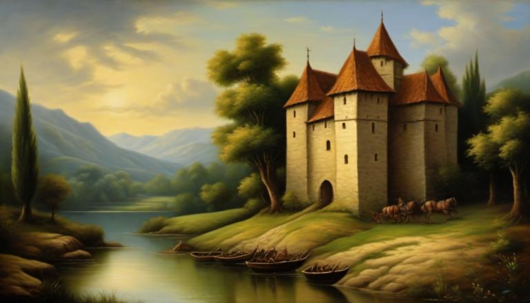 Oil Painting,Oil Painting, Nature, medieval european landscape, no humans, scenery, tree, cloud, outdoors