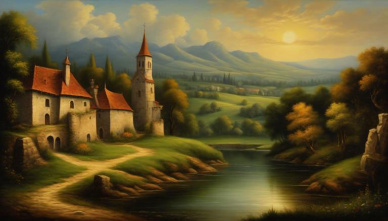 Oil Painting,Oil Painting, Nature, medieval european landscape, no humans, scenery, cloud, tree, outdoors