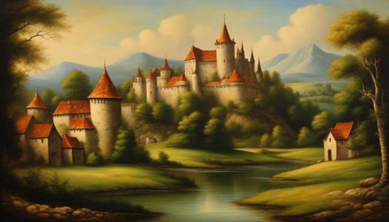 Oil Painting,Oil Painting, Nature, medieval european landscape, no humans, scenery, tree, outdoors, cloud