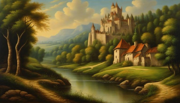 Oil Painting,Oil Painting, Nature, medieval european landscape, no humans, scenery, tree, outdoors, cloud