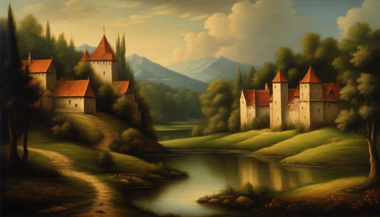 Oil Painting,Oil Painting, Nature, medieval european landscape, no humans, scenery, tree, cloud, outdoors