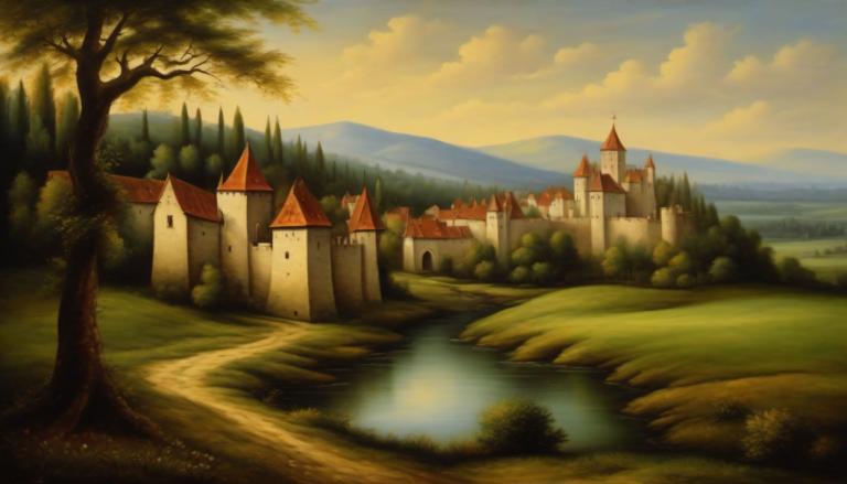 Oil Painting,Oil Painting, Nature, medieval european landscape, no humans, scenery, tree, outdoors, cloud