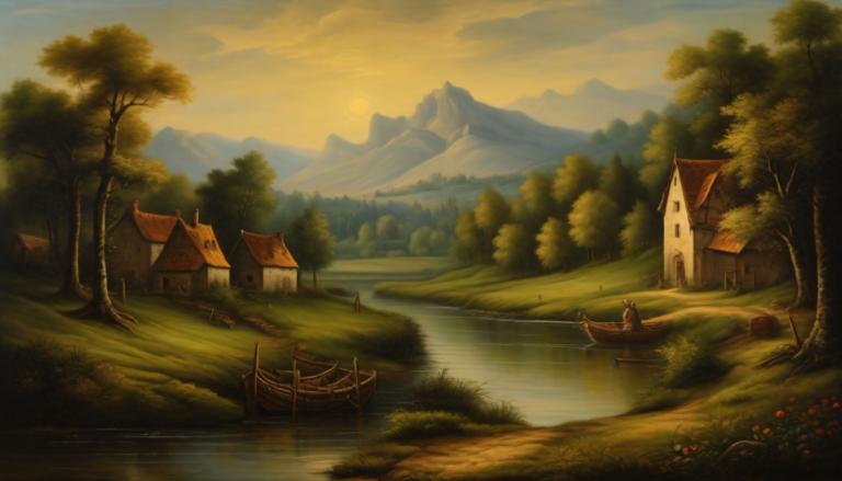 Oil Painting,Oil Painting, Nature, medieval european landscape, scenery, tree, boat, watercraft, outdoors