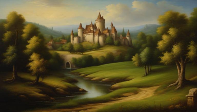 Oil Painting,Oil Painting, Nature, medieval european landscape, no humans, scenery, tree, outdoors, cloud