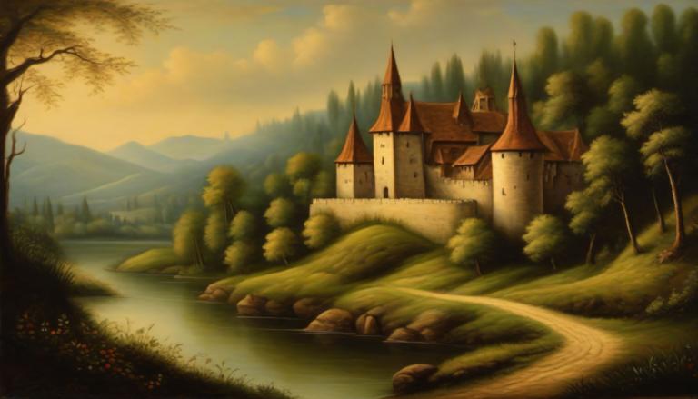 Oil Painting,Oil Painting, Nature, medieval european landscape, no humans, scenery, tree, outdoors, cloud