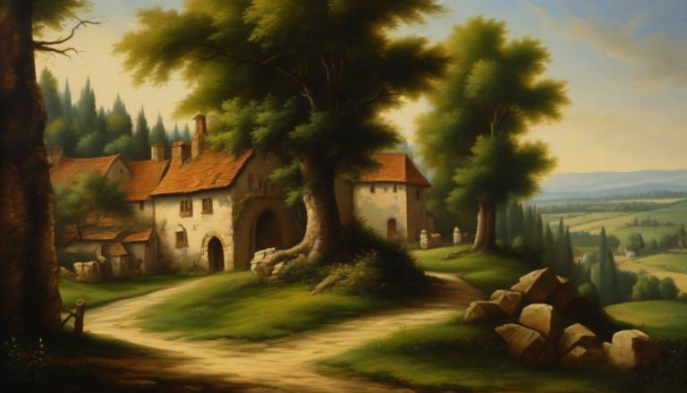 Oil Painting,Oil Painting, Nature, medieval european landscape, tree, scenery, outdoors, no humans, sky