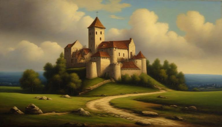 Oil Painting,Oil Painting, Nature, medieval european landscape, no humans, scenery, outdoors, cloud, tree