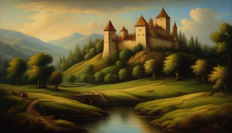 Oil Painting,Oil Painting, Nature, medieval european landscape, scenery, no humans, tree, outdoors, cloud