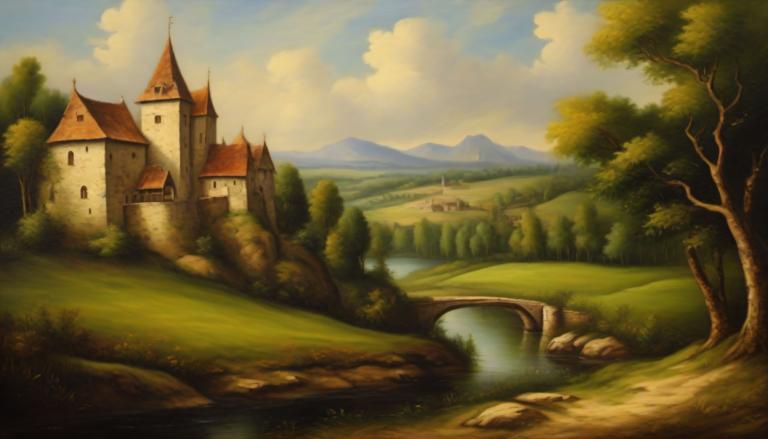 Oil Painting,Oil Painting, Nature, medieval european landscape, no humans, scenery, tree, cloud, outdoors