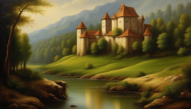 Oil Painting,Oil Painting, Nature, medieval european landscape, no humans, scenery, tree, outdoors, nature