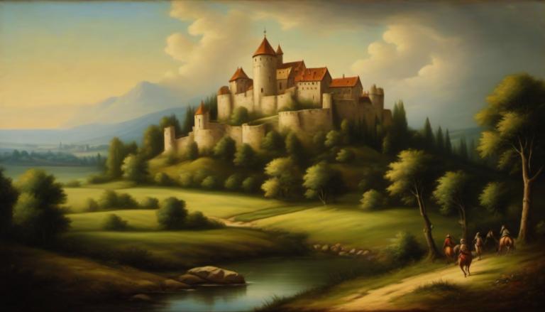 Oil Painting,Oil Painting, Nature, medieval european landscape, tree, scenery, outdoors, cloud, sky, castle