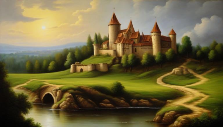 Oil Painting,Oil Painting, Nature, medieval european landscape, no humans, scenery, cloud, outdoors, sky