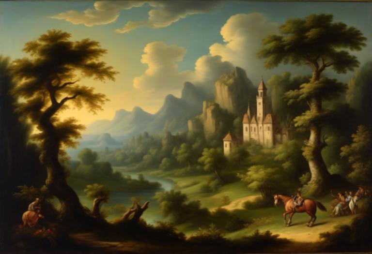 Pintura al óleo,Pintura al óleo, Naturaleza, paisaje medieval europeo, árbol, caballo, escenario, nube, cielo