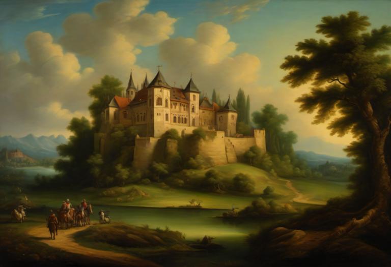 Pintura al óleo,Pintura al óleo, Naturaleza, paisaje medieval europeo, árbol, escenario, nube, cielo