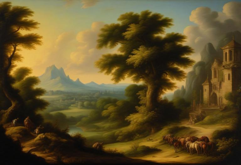 Pintura al óleo,Pintura al óleo, Naturaleza, paisaje medieval europeo, árbol, escenario, nube, no humanos