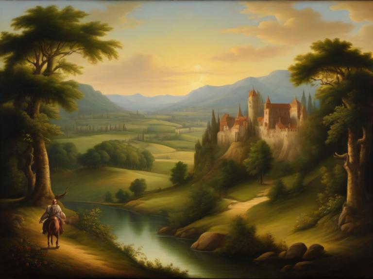 Pintura al óleo,Pintura al óleo, Naturaleza, paisaje medieval europeo, escenario, árbol, caballo, río, nube