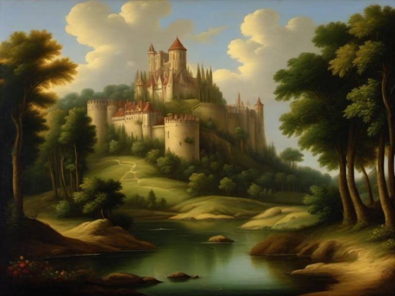 Oil Painting,Oil Painting, Nature, medieval european landscape, no humans, scenery, tree, cloud, sky